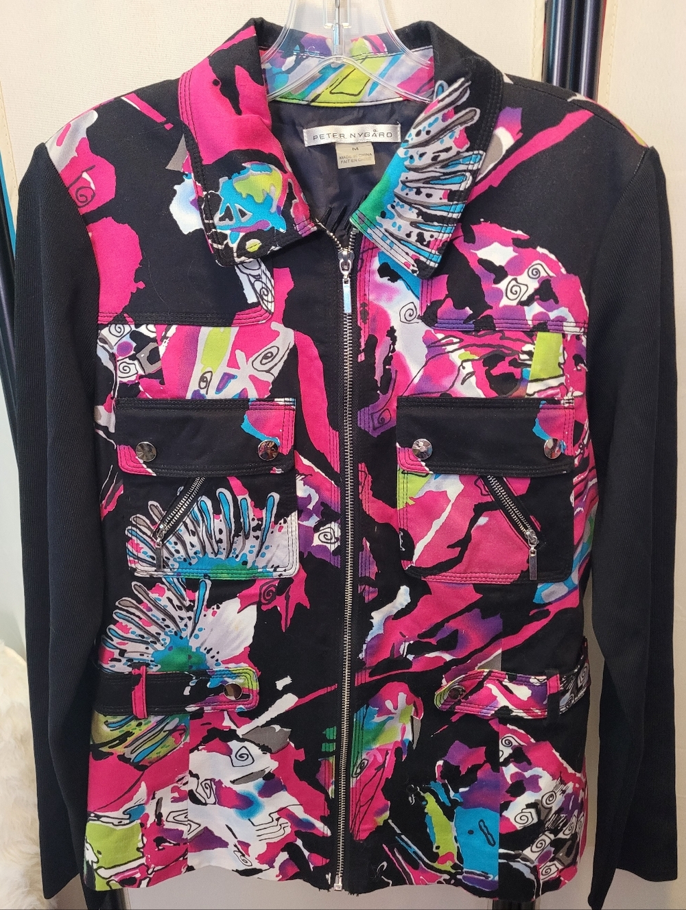 Peter Nygard Black & Fuchsia Abstract Print Zip Jacket